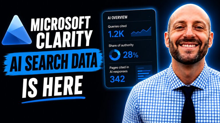 Microsoft Clarity AI search data is here, showing an AI overview dashboard with queries cited, share of authority, and pages cited, with Brian Gorman